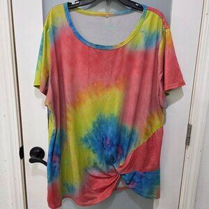 Tie-Dye T-Shirt Knit Top Rainbow Colorful Knot Front Plus Size 3X
